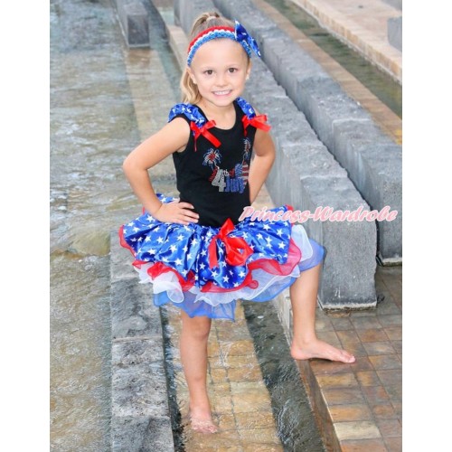 American's Birthday Black Tank Top With Patriotic American Star Ruffles & Red Bow & Sparkle Crystal Bling Rhinestone 4th July Patriotic American Heart Print With Red Bow Patriotic American Star Red White Blue Pettiskirt MG1213